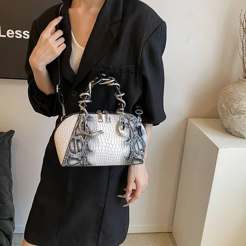 MOODS Designer Bags For Women Crocodile Pattern Top-Handle Shell Bag With Snake Hardware Wild Shoulder Crossbody Handbags