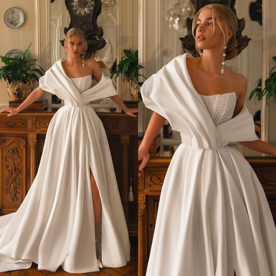 A Line Wedding Dresses Off Shoulder Pearls Beading Top Bridal Gowns Sexy Side Split Birde Dress Customized