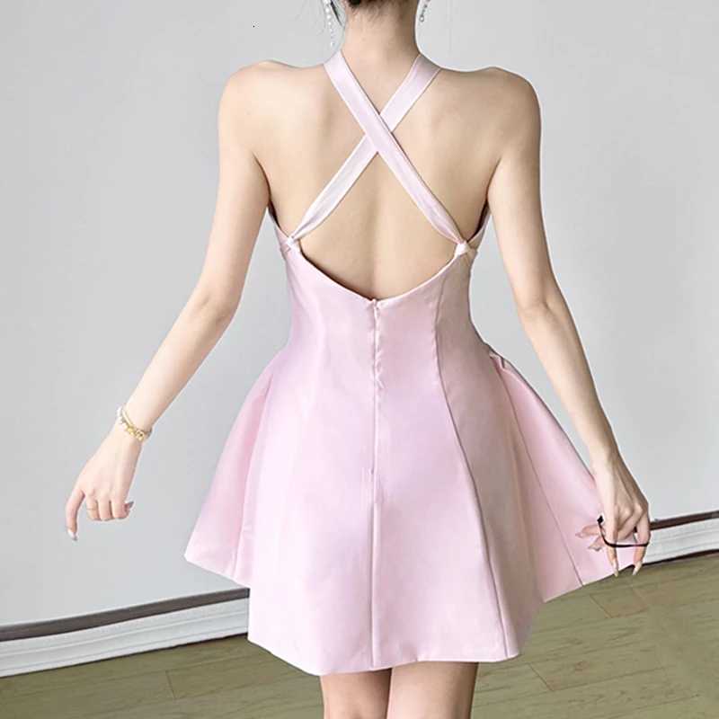 1M Hot Bow Halter-Neck A-Line Dress Pink Coquette Aesthetic Puffy Mini Dresses for Party Evening Holiday Outfits Sexy Robe New R250716