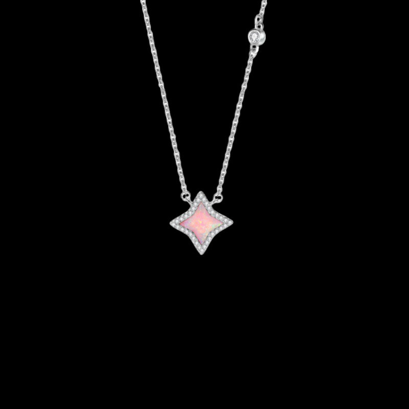 Elegant Silver - Toned Rhombus - Shaped Pink Opal Necklace With Rhinestone Halo And Chain Accents Dainty Sparkle For Everyday & Events High - Quality 
