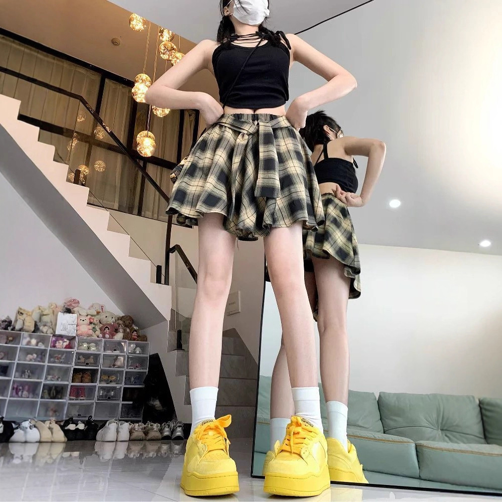 2025 Plaid Skirt Hip Covering Summer Half Women Street Dance Decoration Student Layered Shirt Hem Curtain Short
