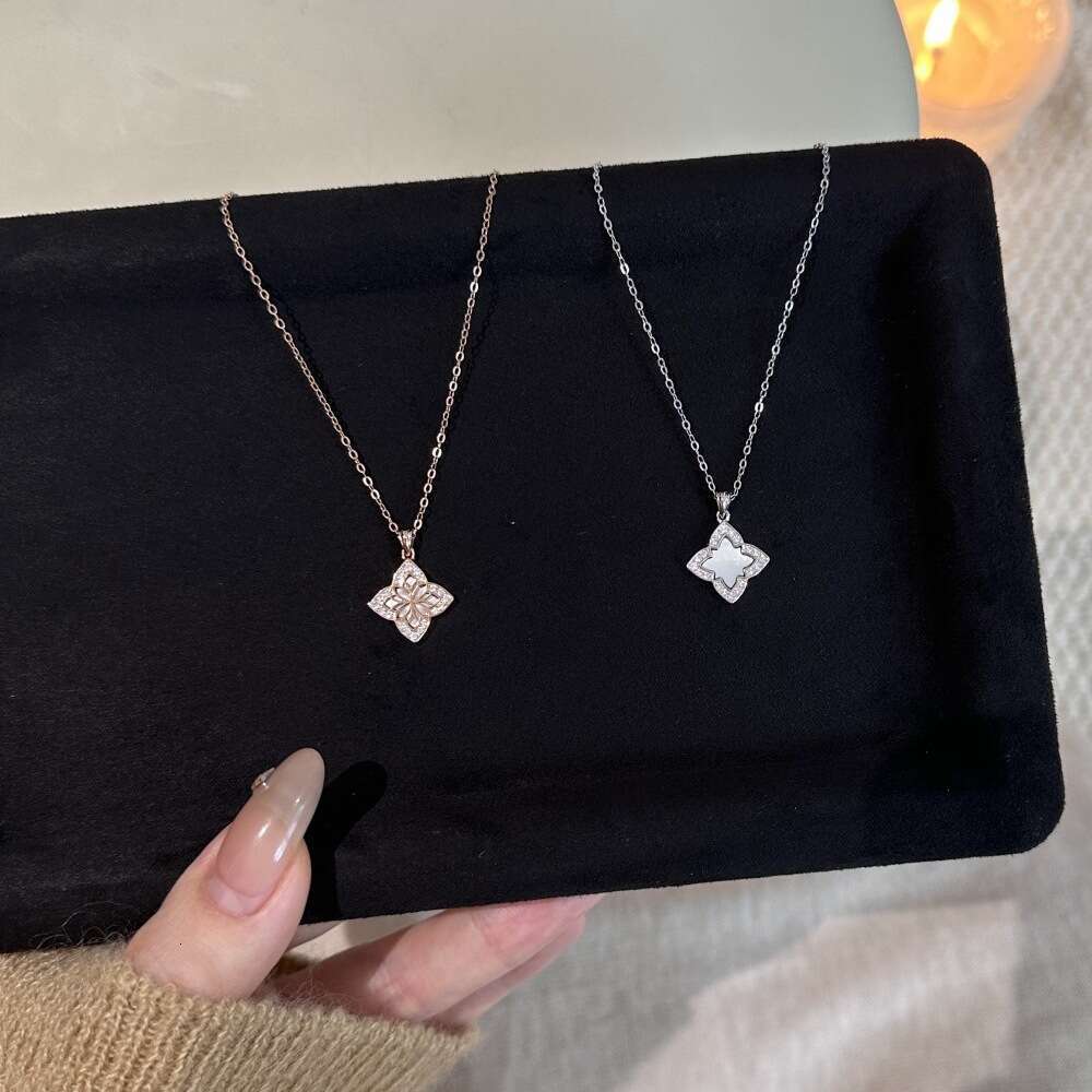 S Pure Sier Mother-of-Pearl Double-Sided Four-Leaf Flower Necklace Niche Design New Chinese Style Elegant Versatile Collarbone Chain for Women