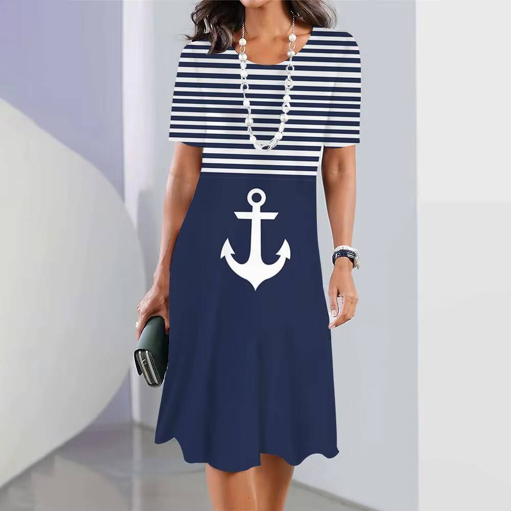 2024 New Womens Anchor Print Vacation Midi Female Elegant Dresses Summer Short Sleeve Dress Fashion Oversized dongdumaoyi