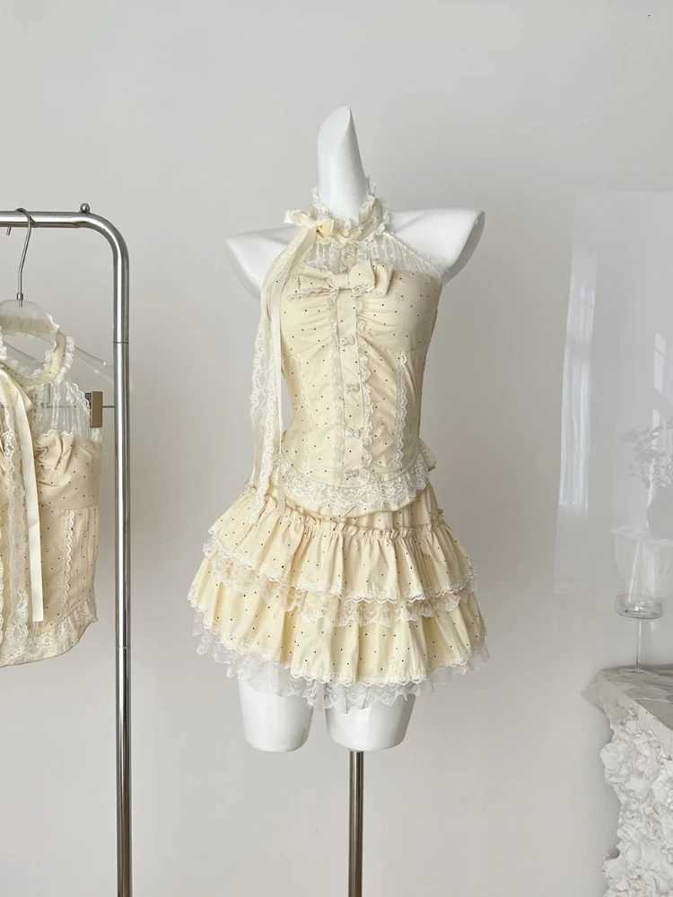 Summer Women Korean Ballet Core 2000s Shoujo Girl Kpop Gyaru Outfits 2 Piece Set Polka Dot Lace Tank Tops + Coquette Mini Skirt R250716