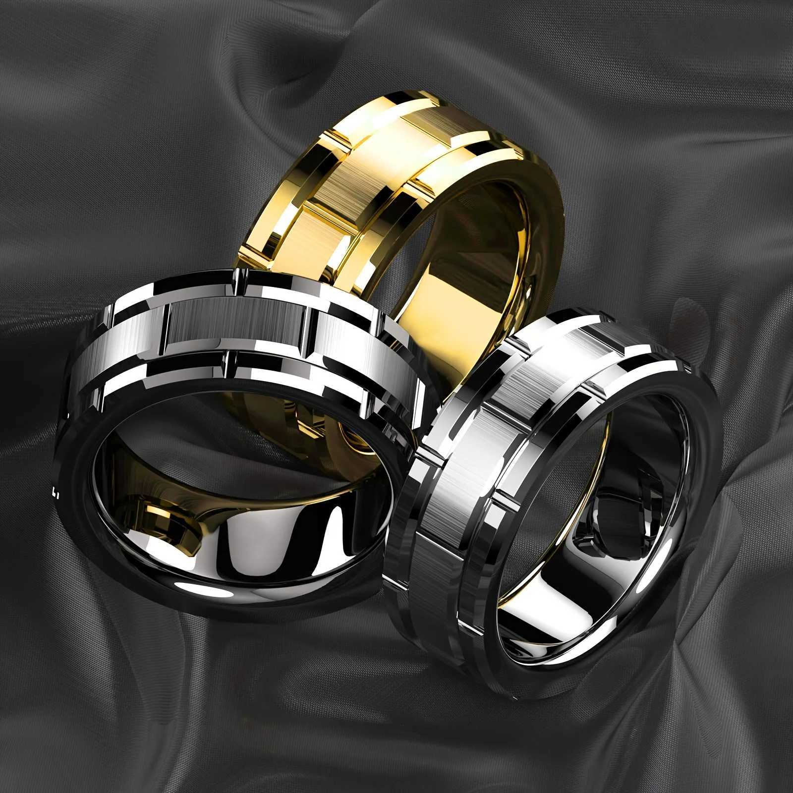 Fashion 8mm Brick Pattern Stainless Steel Rings For Men Black Brushed Double Groove Men Engagement Rings Wedding Band Jewelry S250716