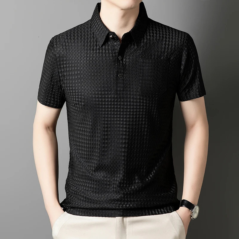 Elastic Mens Summer Ice Silk Short-sleeved T-shirt Middle-aged Dad Wear Lapel Polo Shirt Cool Top Clothes 250716
