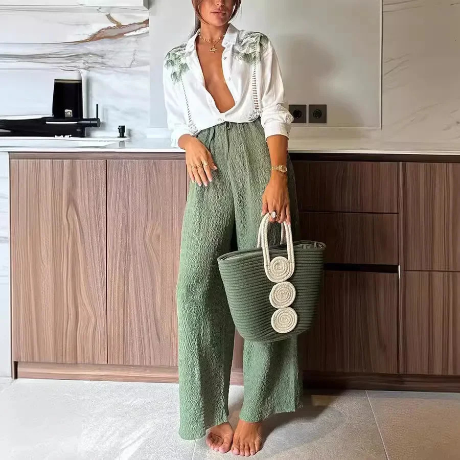 Women 2pcs Clothes Set Long Sleeve Floral Flower Single Breasted Shirt Top High Waist Wide Leg Pants 250715