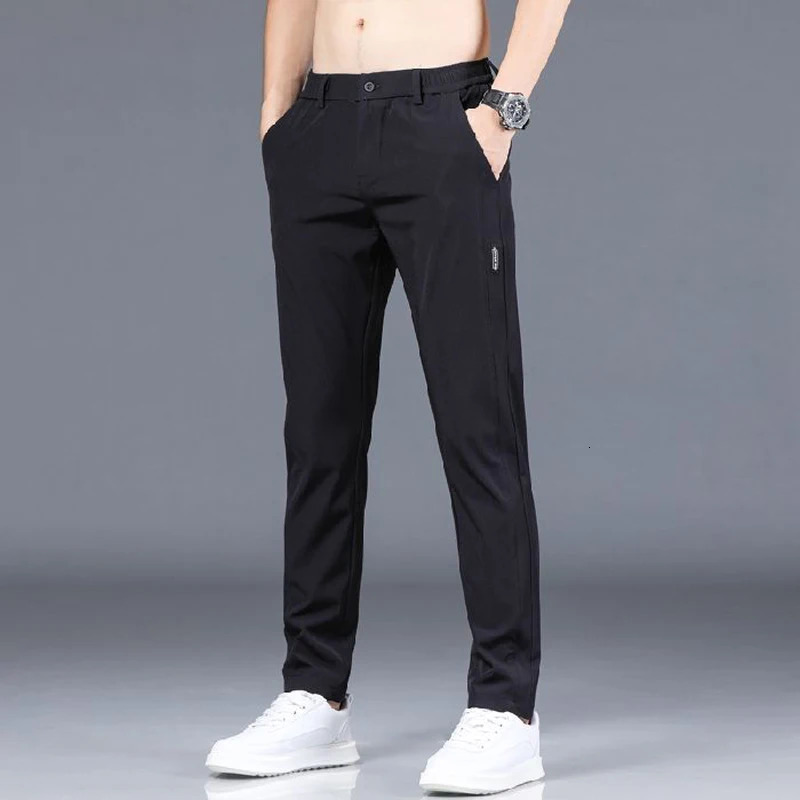 Ice silk mens pants 2025 summer black gray thin business casual pants outdoor elastic breathable straight leg sports pants 250715