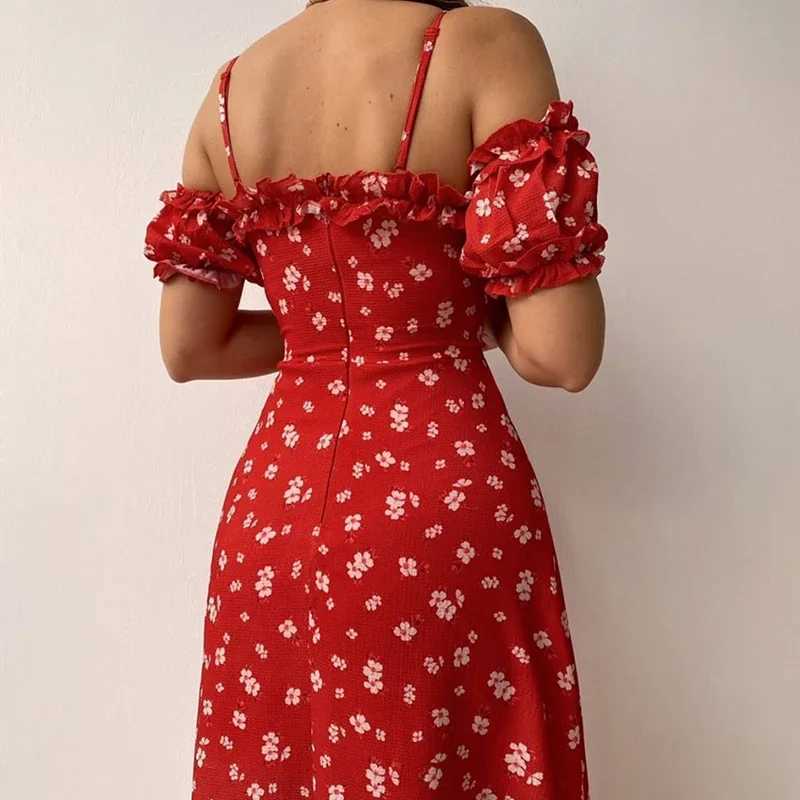 New Summer Elegant Casual Floral Print Off Shoulder Split Dress Women Short Sleeve Slim Midi Dress for Club Party Holiday R250716