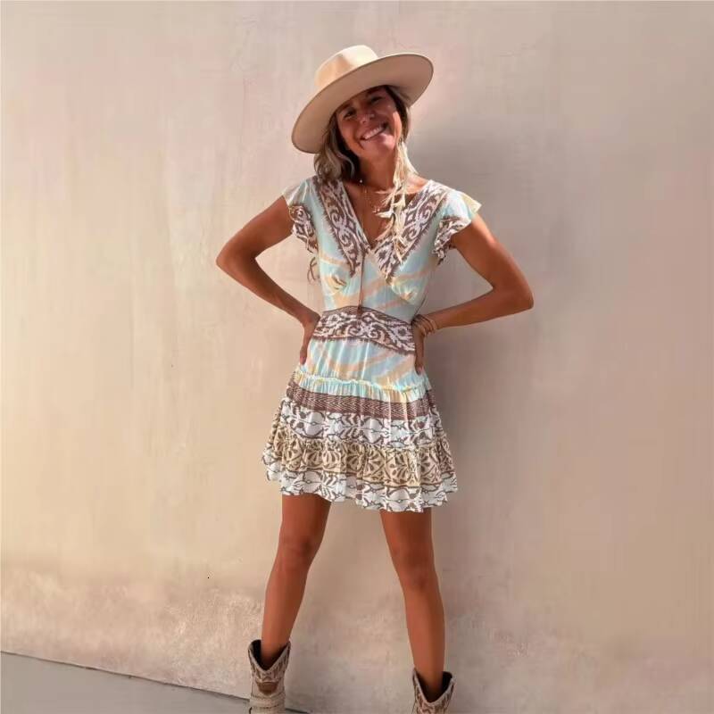 Ethnic Style Dress Summer 2024 New V-neck Pullover Printed Flying Sleeves A-line Waist Cinched Womens Short Skirt dongdumaoyi