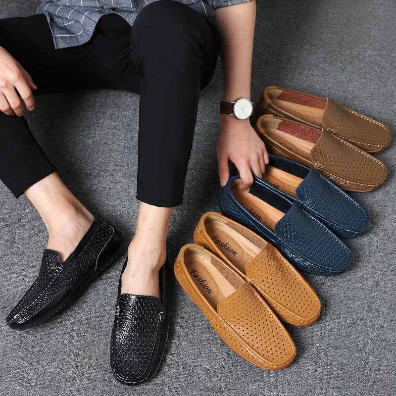 2023 Summer Men Casual Shoes Luxury Brand Genuine Leather Mens Loafers Moccasins Hollow Out Breathable Slip-on Driving Shoes W250716