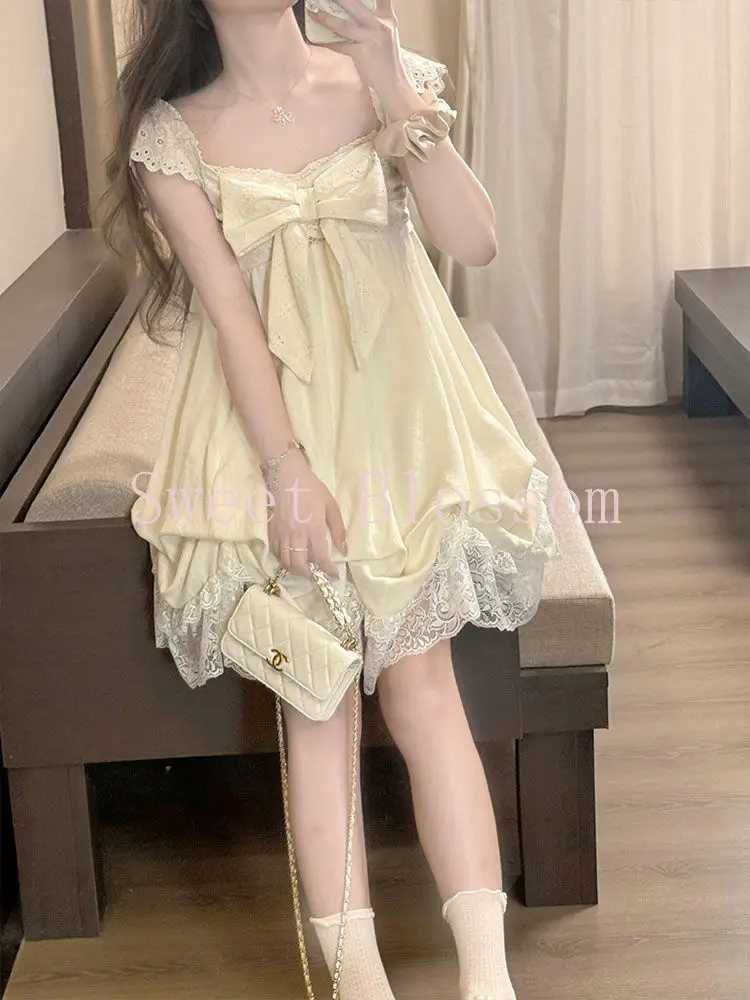 Japanese Sweet Lolita Cute Dress Women Bow Lace Sleeve Fairy Mini Dresses New Fashion Elegant Kawaii Harajuku Slim Clothing 2025 R250716