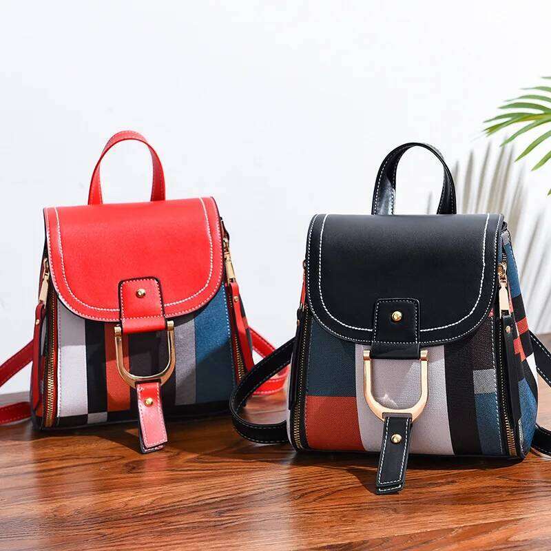 Splicing For Women PU Leather Plaid Multi-Function Knapsack Teenager School Bag Leisure Lock Backpack mochila
