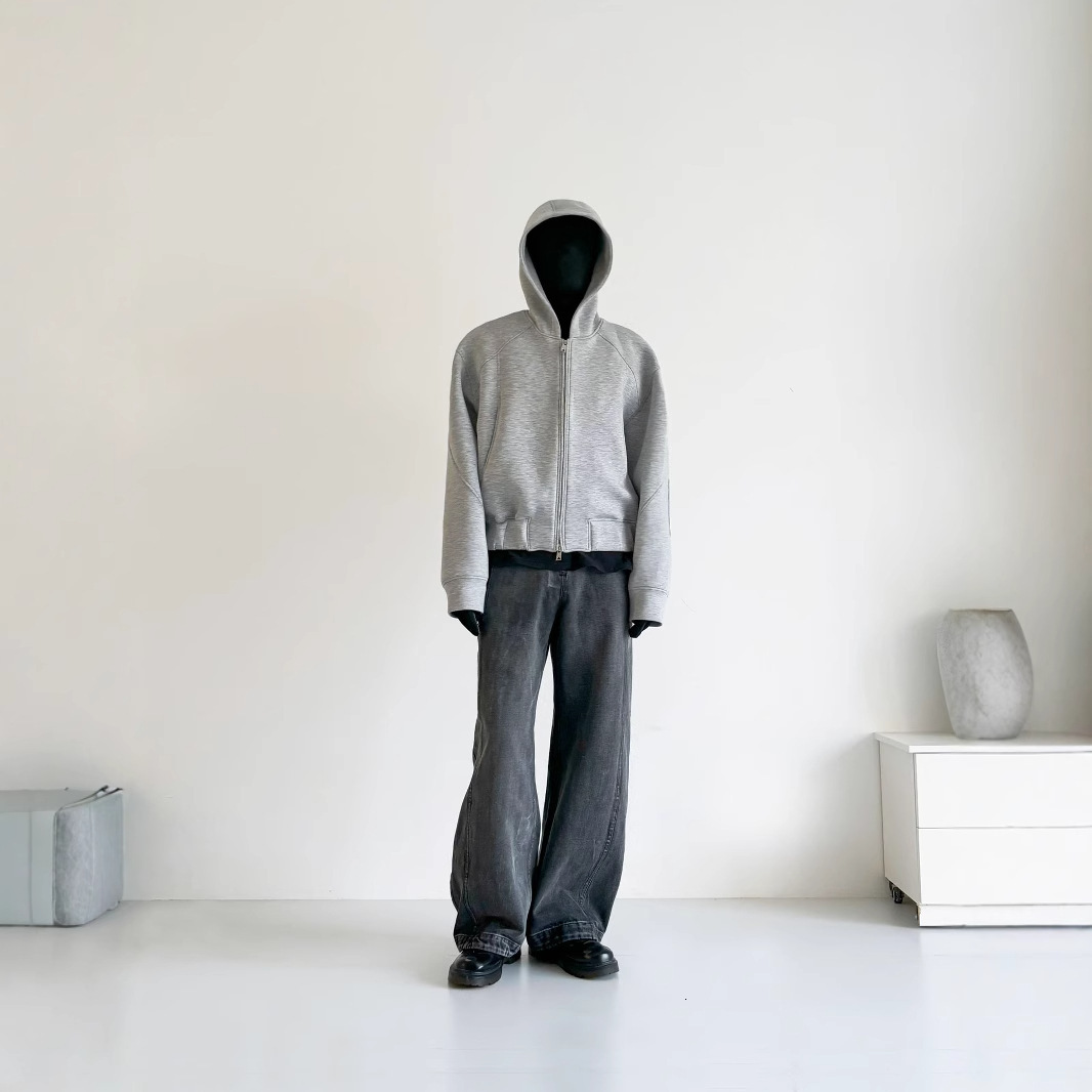 2024 New Trendy Brand Split Space Cotton Boxy Short Wide Hooded Oversized Cut Sweatshirt Jacket for Men
