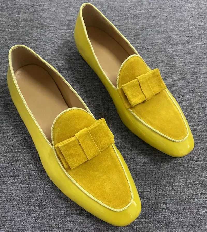 New Yellow Patent Leather Shoes Fashion Bowtie Loafer Mens Dress Shoes Handmade Slip On Mens Casual Shoes Party And Prom Shoes W250716
