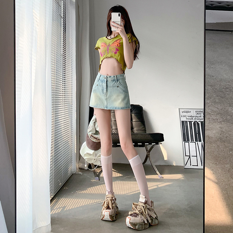 2025 Light-colored Bodycon Short Skirt Denim Half Women High Waist Slimming A-line Summer 2023 Hot Girl Anti-exposure