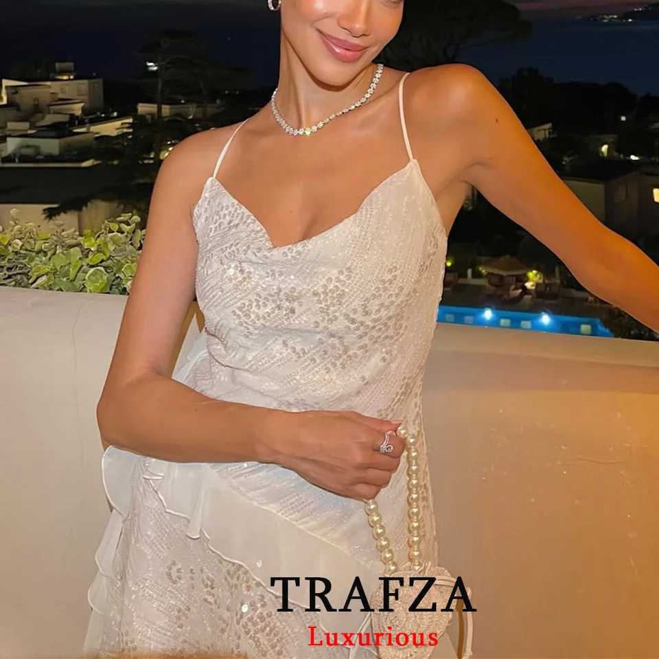 TRAFZA Sexy Chic Women Dress Solid Cami Backless Sequined Tiered Mini Short Dress New Fashion 2025 Summer Club Party Dress R250716