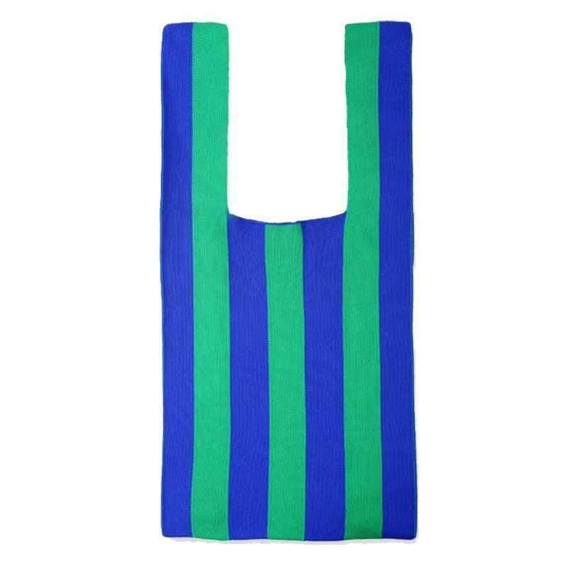 Striped Knitting Tote Bag Womens Shoulder Bag Hollow Out Tote Ladies Female Woven Shopper Purse Lady Crossbody Handbag