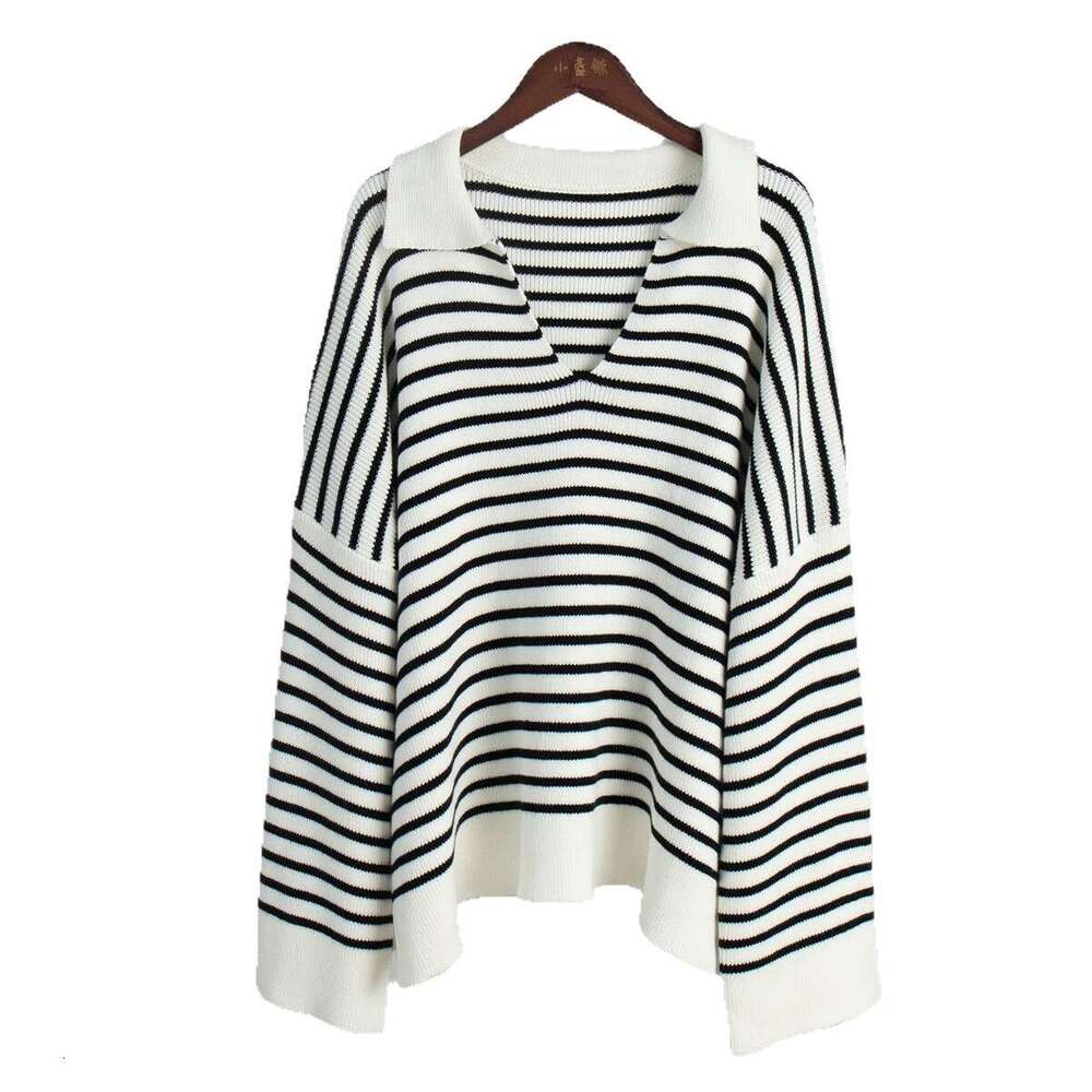 Black Sweater Autumn Winter New Turn-Down Collar Striped Long Sleeve Loose Pullover Knitwear For Women B5