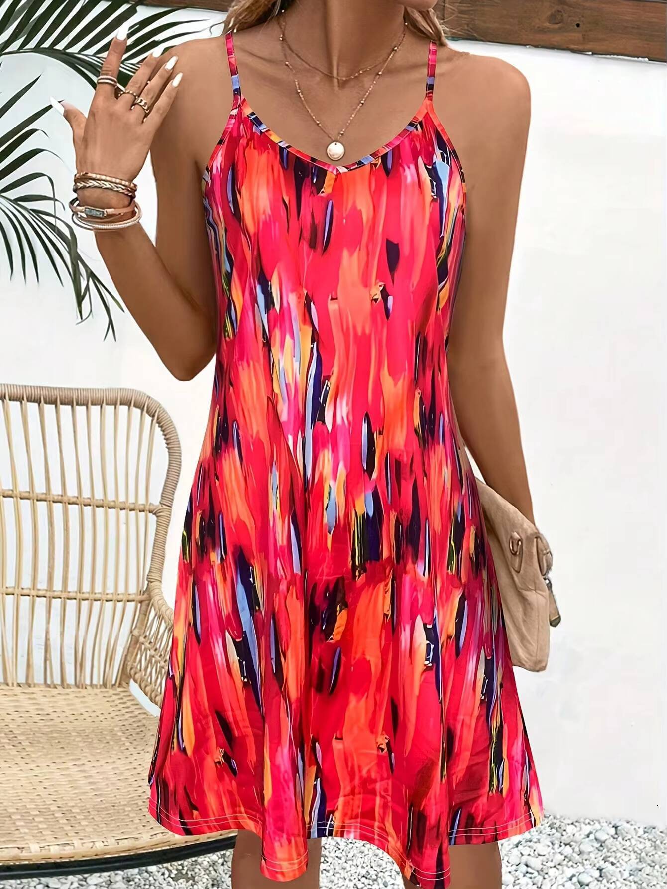 Womens Summer V-Neck Slip - Sleeveless All-Over Print Vacation Sundress , SlayDiva Beach Dress for Women, Flowy Bohemia M dongdumaoyi