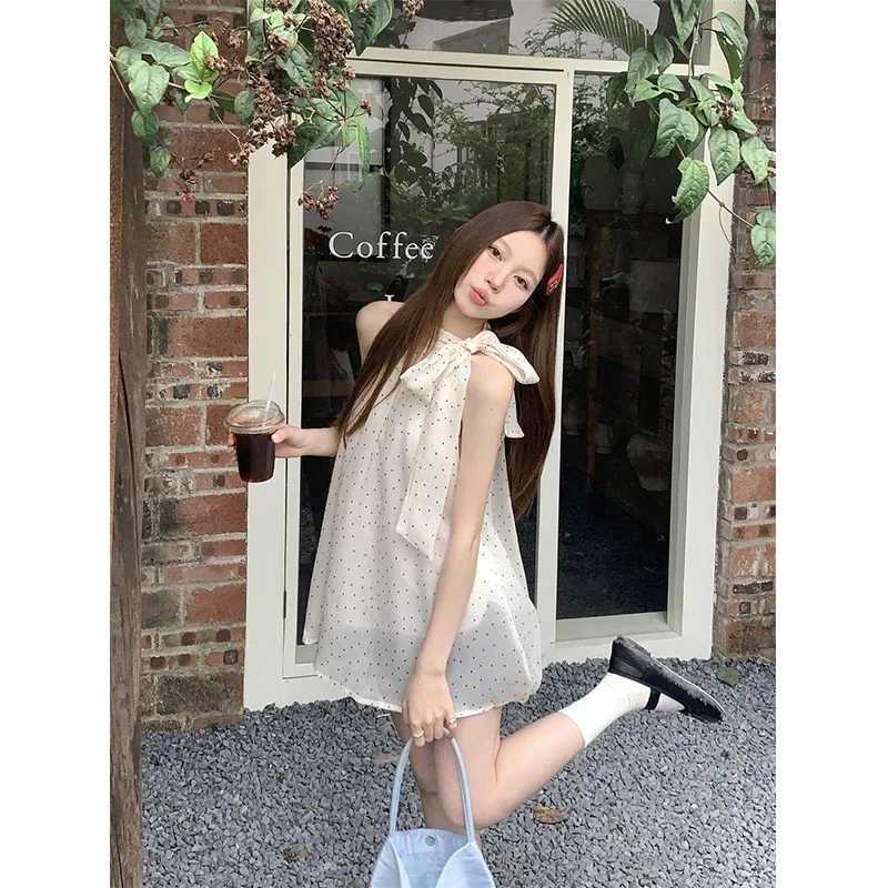 MEXZT Sweet Dot Shirts Women Elegant Bow Bandage Blouses Vintage Halter Print Tops Summer Korean Sleeveless Casual Clothes New R250716