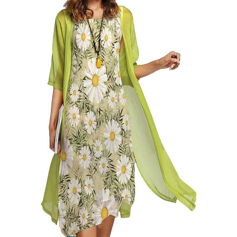 2024 Europe and the United States summer new womens casual two-piece set of printed round neck slim dress women dongdumaoyi