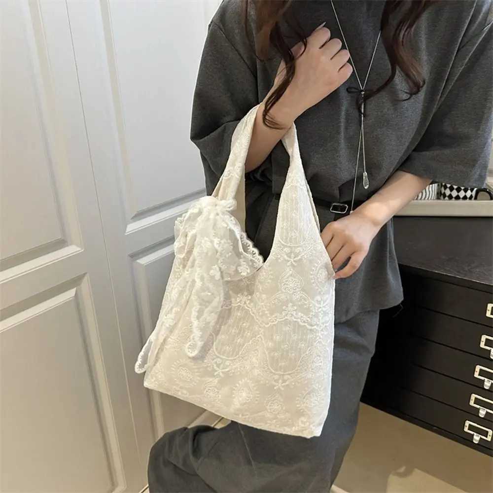 Shopping Tote Bag Lace Shoulder Bag With Ribbon Korean Style Simple Canvas Handbag Cloth Simple Large Capacity Bag Daily