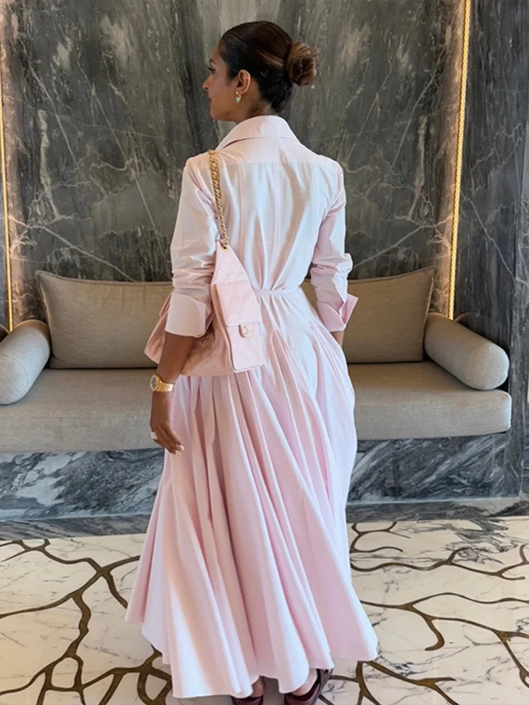 Womens Casual Pink Pleated Long Dress With Belt Fashion Lapel Full Sleeve Button Maxi Dress Lady 2025 Autumn Chic Street Robes 250715