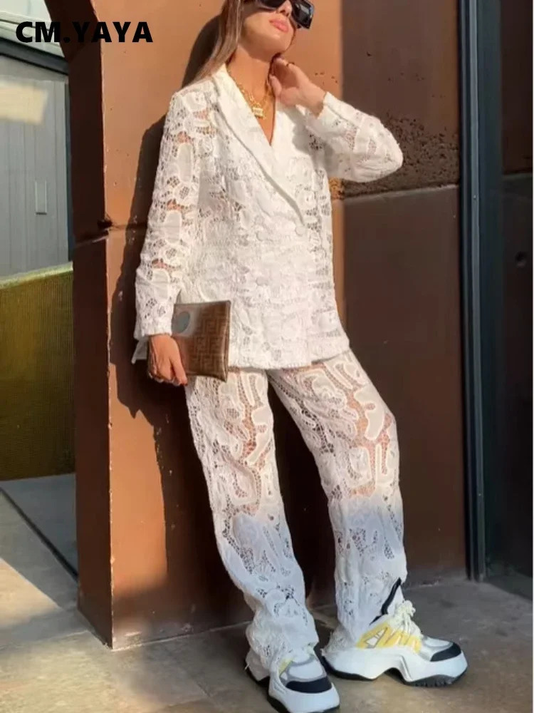 CM.YAYA Vintage Women Lace See Though Long Sleeve Blazer Suit and Wide Leg Straight Pants Set Two 2 Piece Set Outfits 250715