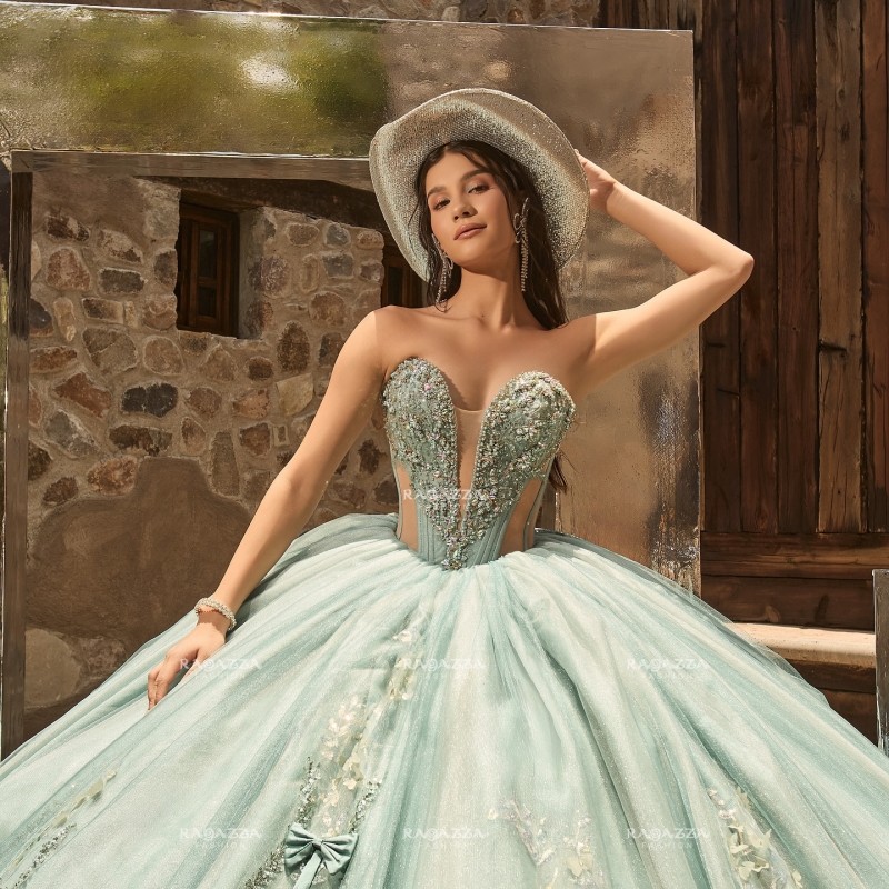Green Shiny Quinceanera Dresses Ball Gown Off The Shoulder Applique Lace Beading Crystal Bow Tull Corset Party Birthday Sweet 16 Dress Vestidos 15 Ano