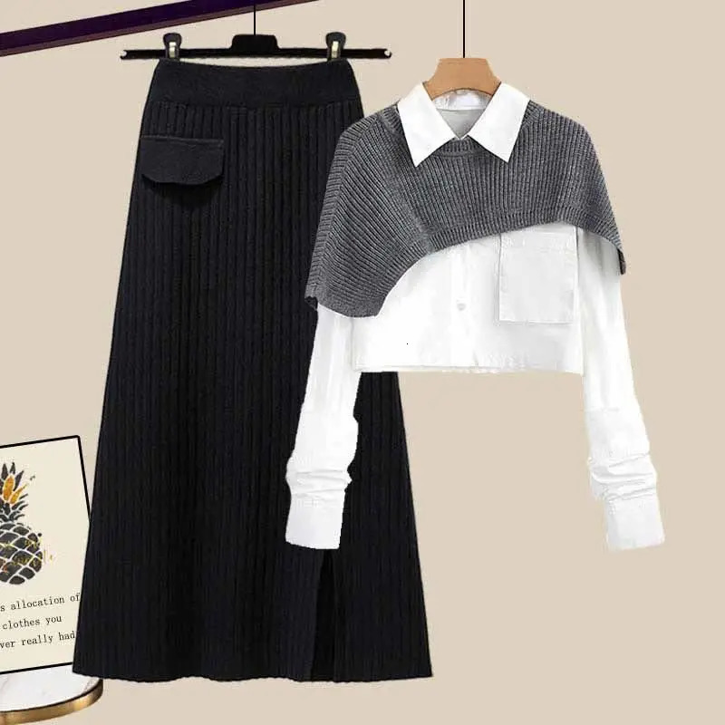 Large Womens Autumn and Winter Set Loose Shawl Shirt High Waist Knitted Half Skirt Three Piece Set Fashion 250715