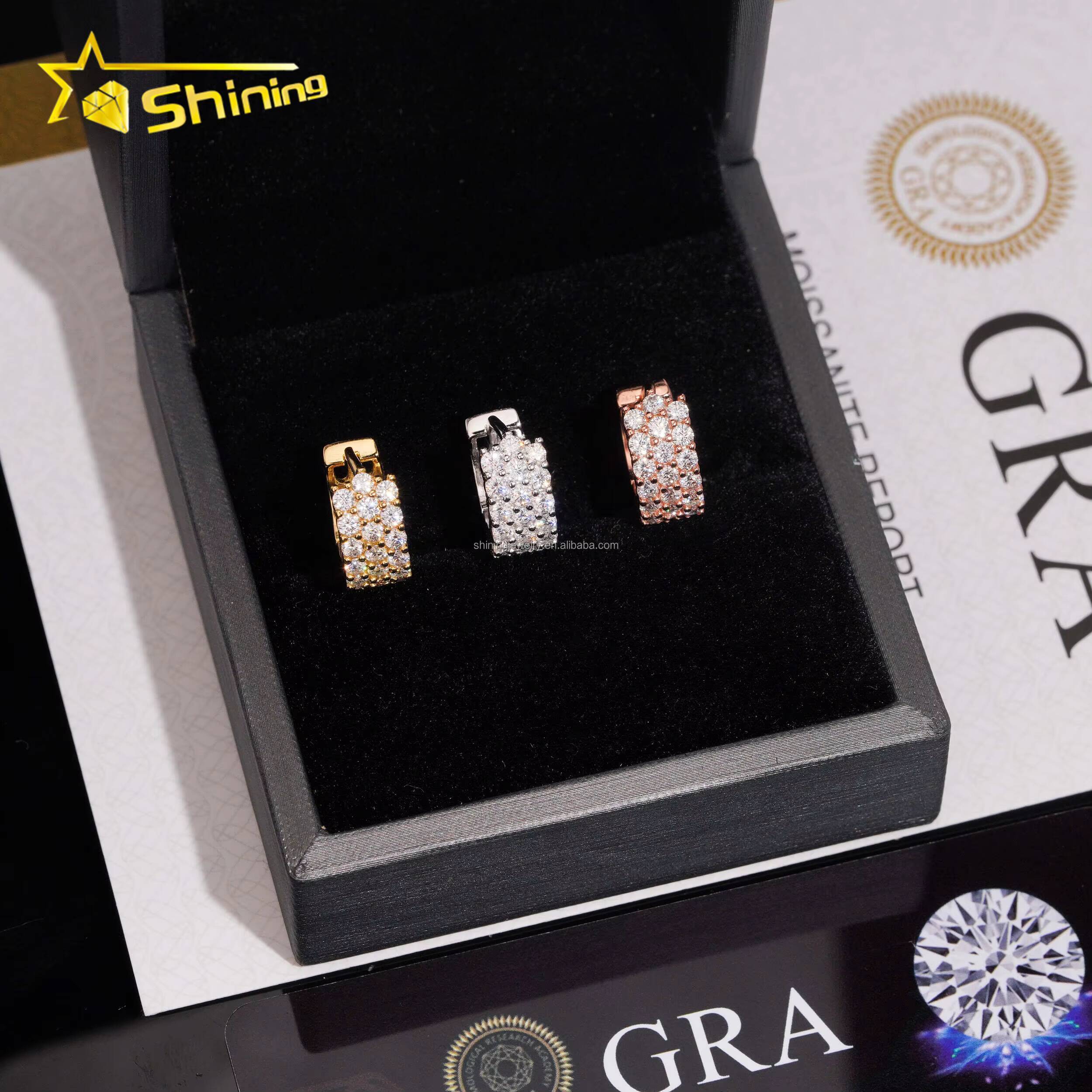 Fashion Rapper Jewelry 3Rows Vvs Moissanite Diamond Hoop Earrings Unisex Hip Hop Iced Out 925 Silver Moissanite Hoop Earrings