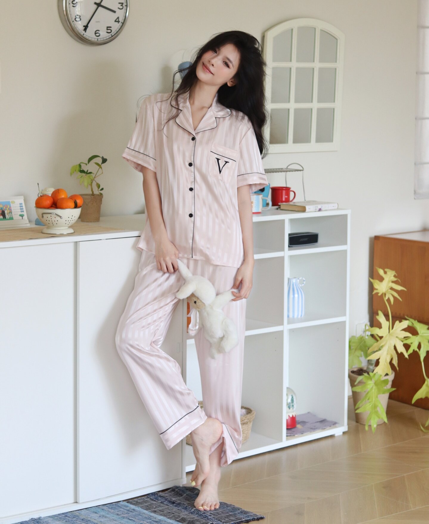 Home Clothing Striped Embroidered Letter Pocket Short Sleeve And Shorts Pajama Set Casual Satin Sleepwear With Lapel Collar Button Detail