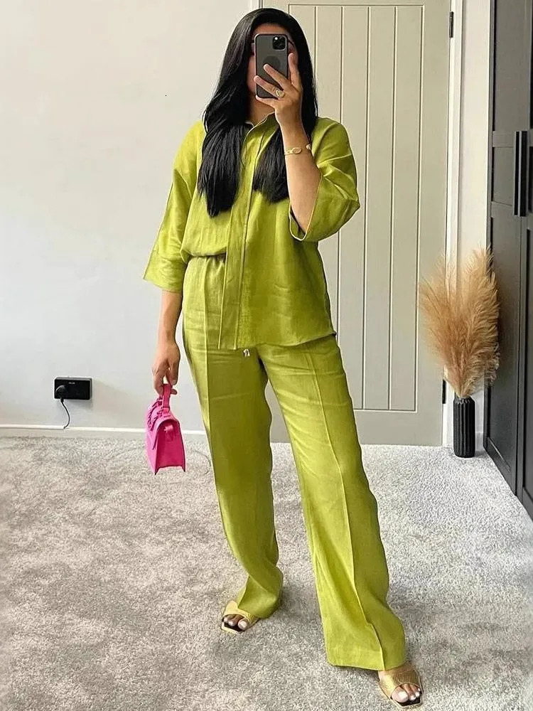 Womens Two Piece Set Solid Color Loose Single-Breasted Shirt Elastic Waist Pocket Folds Decorate Wide Leg Pants 2 Piece Sets 250715