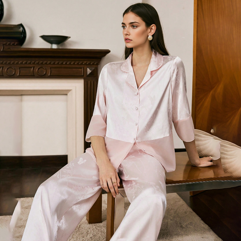 2025 New Women's Spring/Summer Silk Satin Pink Bamboo Butterfly Short-Sleeved Long Pants Pajama Set Homewear