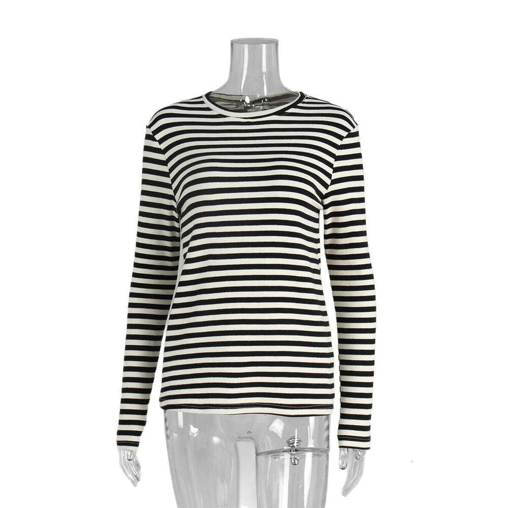 Striped T-Shirt Autumn Winter Commuter Slim Fit Round Neck Cotton Base Shirt Long Sleeve Tee For Women B5