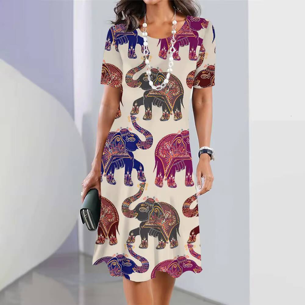 2024 New Elephant Print For Womens Elegant Midi Dresses Summer Female Short Sleeve Dress Fashion Oversized Clothes dongdumaoyi