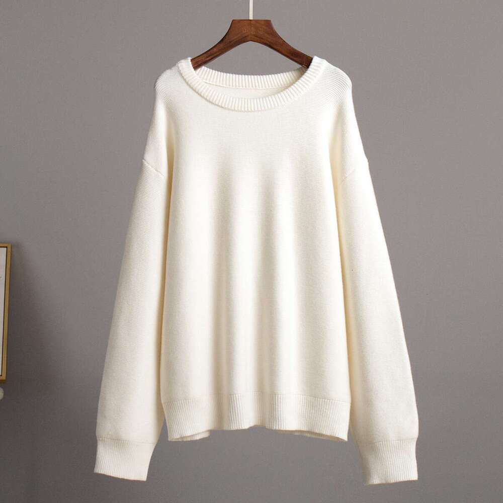 Knitted Autumn Winter New Style Elegant Simple Lazy Pullover Pure White Round Neck Sweater B5