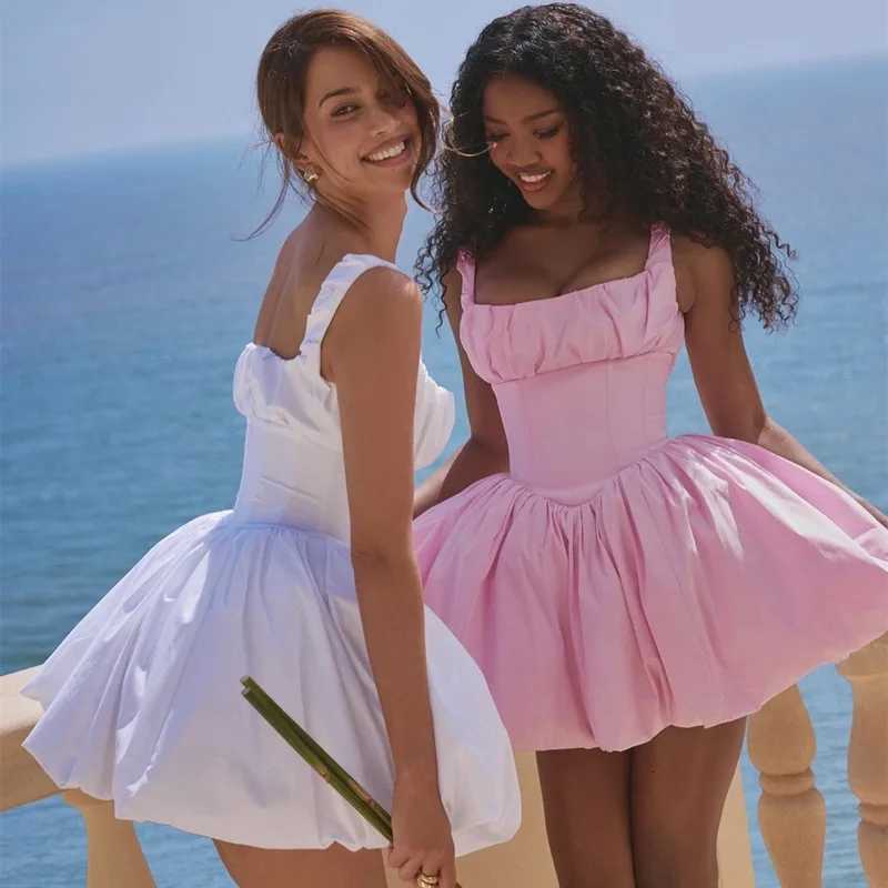 Summer Fashion Sexy Camis Dress Women Fold Slim White Mini Dresses Backless Short Fluffy Shirt Coquette Aesthetic Y2k Clothes R250716