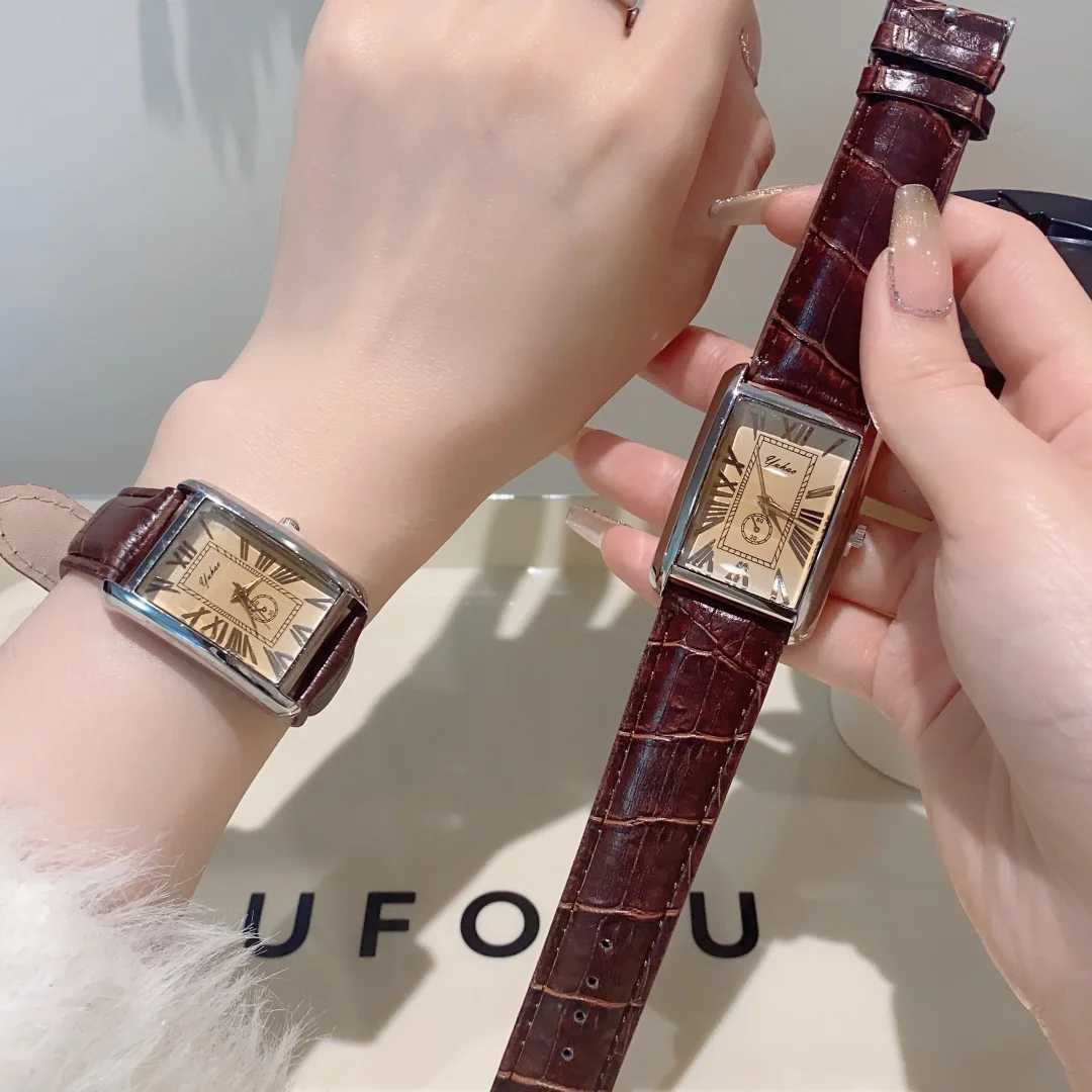 Retro Vintage Square Quartz Analog Silver Tone Case Crocodile Pattern Brown Leather Business Casual Dr Wrist Y250715