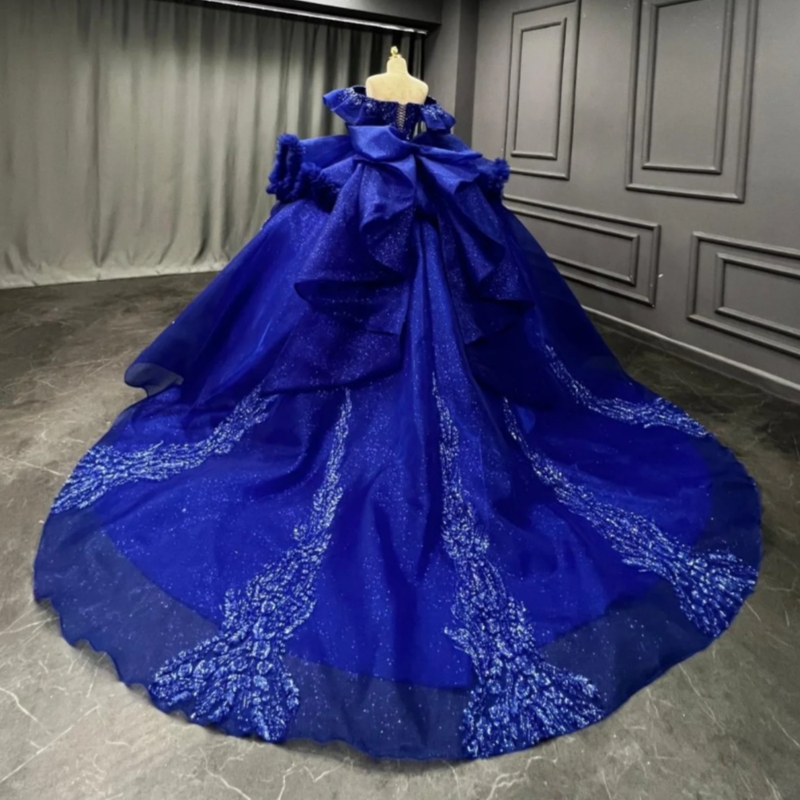 Royal Blue Shiny Quinceanera Dresses Ball Gown Off The Shoulder Applique Beading Tull Party Birthday Sweet 16 Dress Vestidos 15 Anos