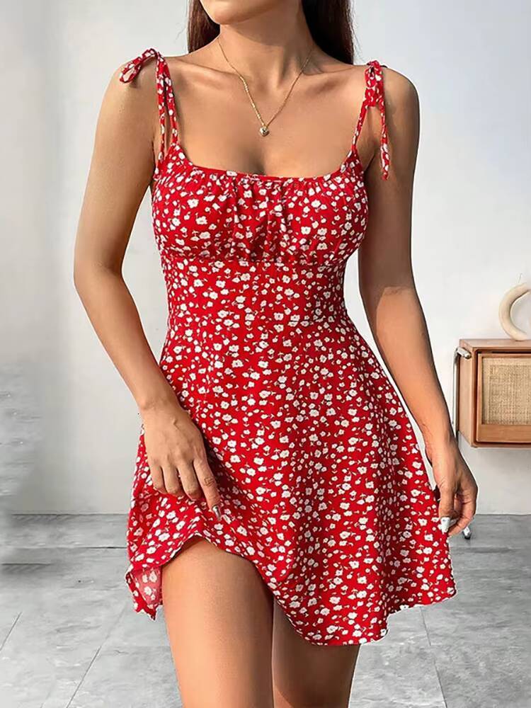 Womens Summer Floral Spaghetti Strap Beach Short Dress,Women Mini Dress,Woman Clothing,Red Dresses,Sundress,New In Dress 2025 dongdumaoyi