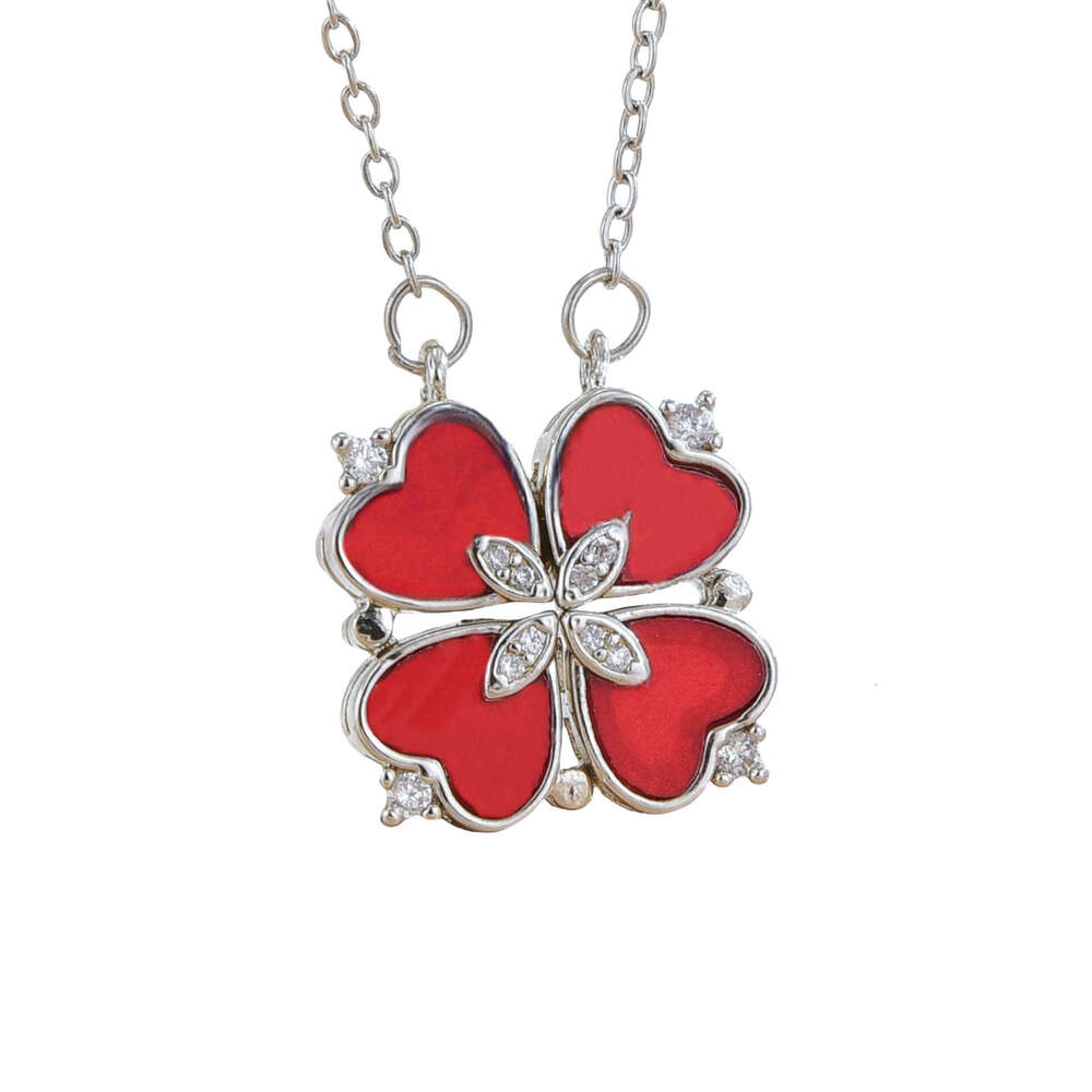 Necklace For Women Red Mother-Of-Pearl Four-Leaf Zircon Live Multi-Way Wear Heart Collarbone Chain Korean Style Internet Celebrity Jewelry D14