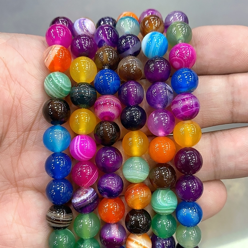 Natural Stone Mixed Color Stripe Agates Round Beads Diy Bracelet Necklace Pendants for Jewelry Making 15 Inch 4 6 8 10 12 14MM 250625