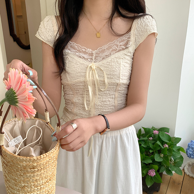 Summer New Women S T Shirt Summer American Retro Brown Textured Lace Spicy Girl Low Neck Bow Patchwork Short Sleeve T Shirt For Women New Designer T S