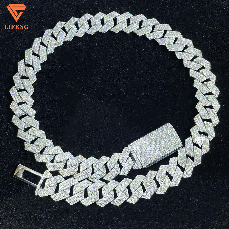 Lifeng Jewelry 15MM Honeycomb Set VVS1 Moissanite Necklace Solid Silver White Gold Plated Cuban Link Chain Bust Miami Chain
