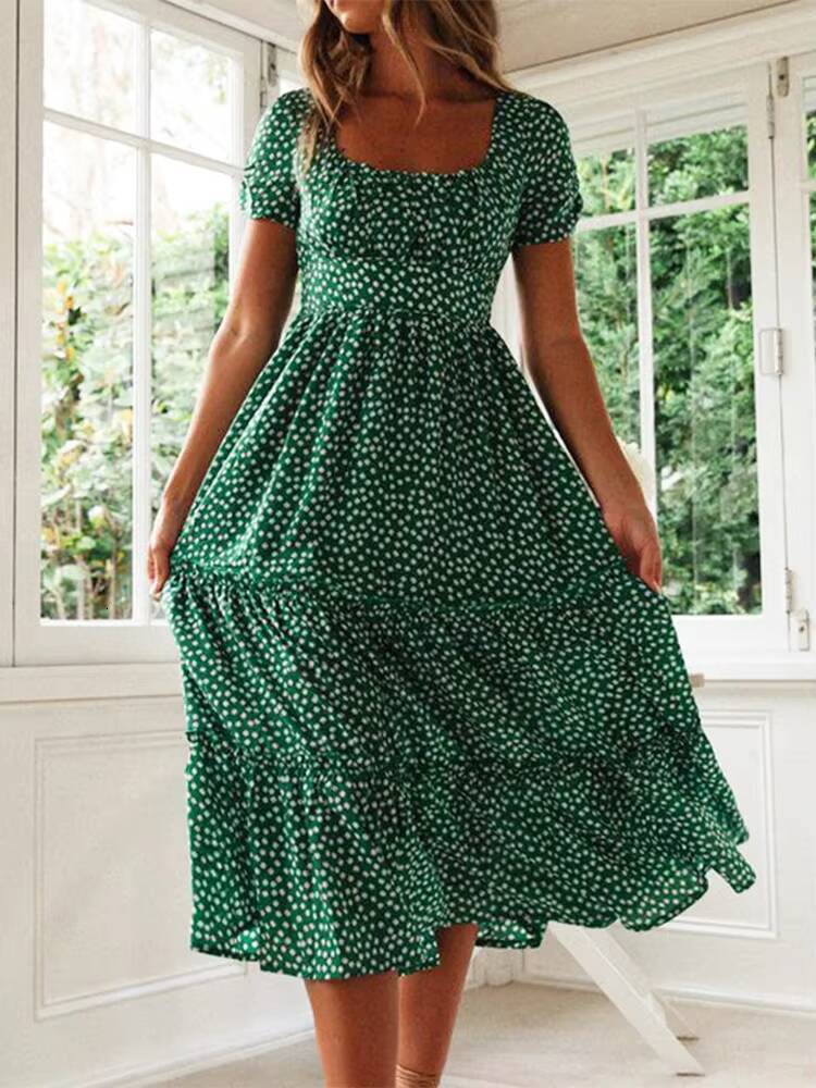 Summer Womens Beach Sweet Dresses Vestidos Vintage Print Puff Sleeve Casual Square Collar Floral Female Maxi Long Dress dongdumaoyi
