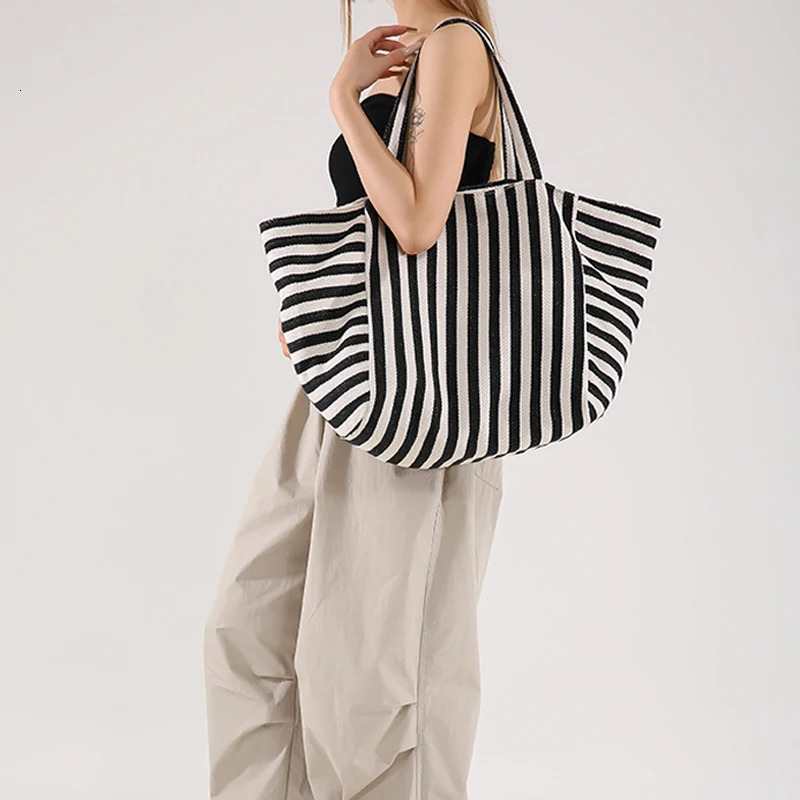 Simple Striped Shoulder Bag Large Capacity Canvas Women Shopper Tote Female Casual Multifunctional Travel Top-handle Handba 250714