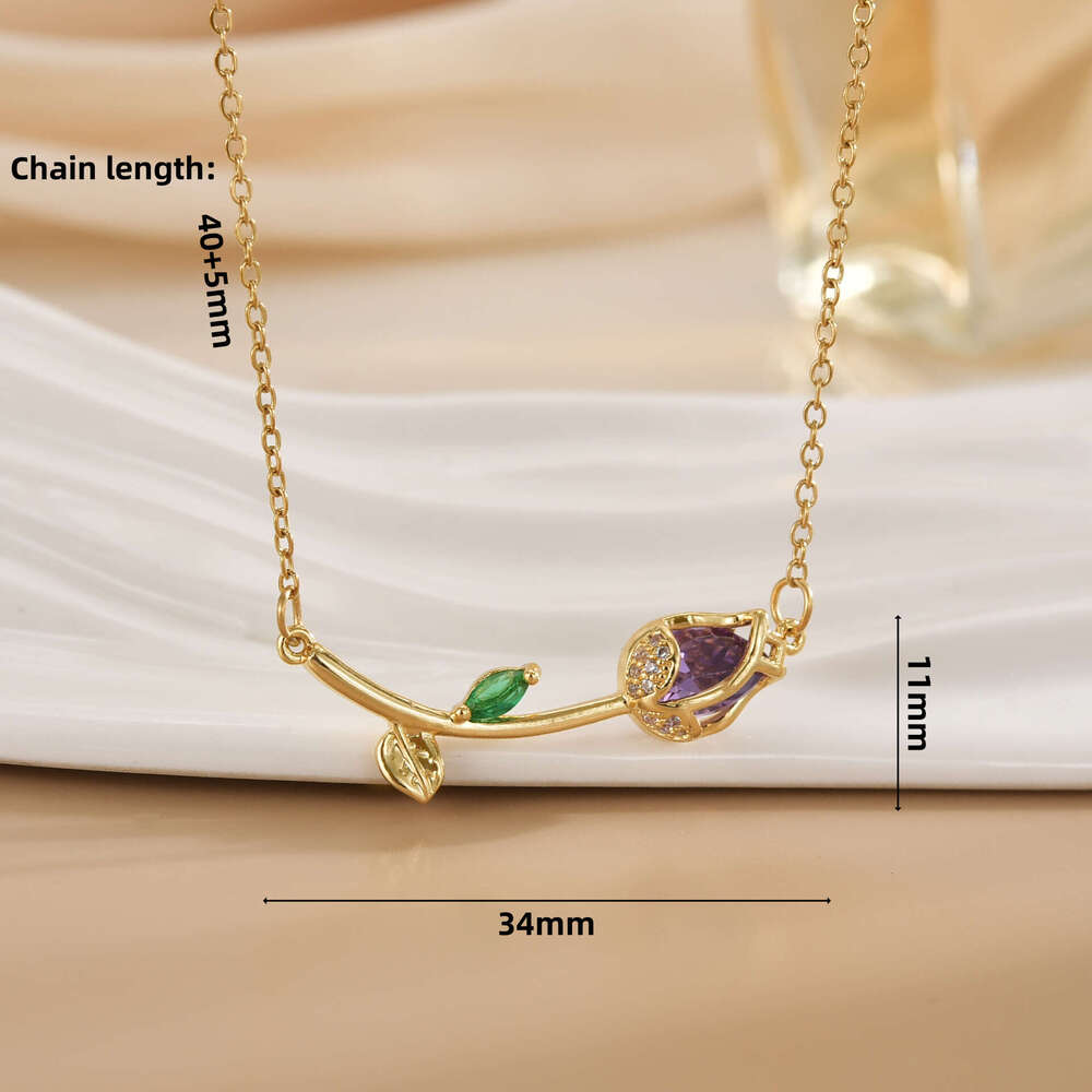 Korean Style Titanium Steel Necklace For Women, Colorful Tulip Micro Inlaid Zircon, Light Niche High-End Feel, Non-Fading Jewelry Accessories D26