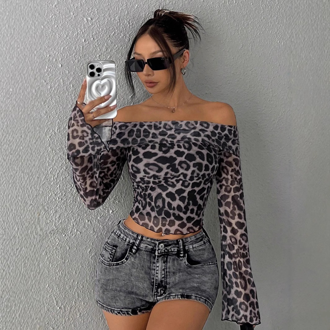 Summer New Women S T Shirt Fashion Spring Autumn Winter European And American Clothing Sexy Off Shoulder Long Sleeve Leopard Print Top Hot Girl Design